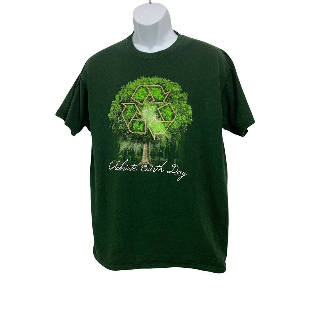 Gildan Mens T Shirt Size Large Tee Celebrate Earth Day Print Cotton Green